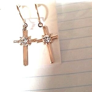 FOREVER 21  Cross Dangle Crystal Single CZ Gold  Earrings Crucifix NEW in…